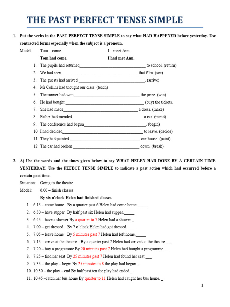 Past Perfect Tense Exercises for Students | PDF | Grammatical Tense ...