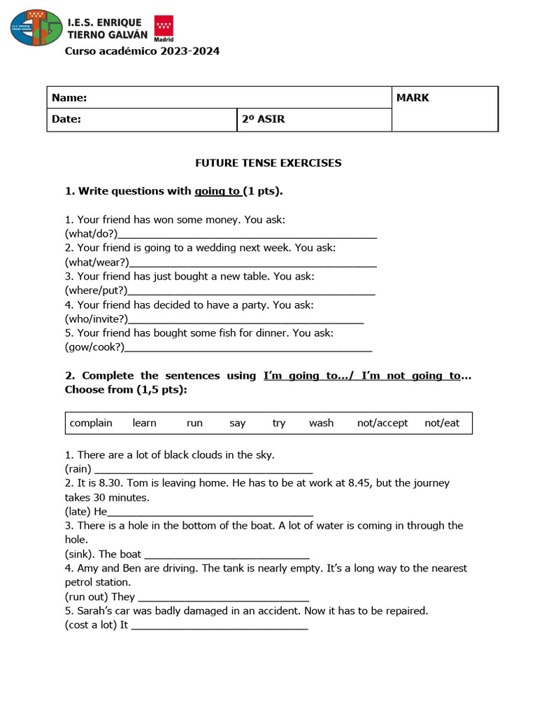 Future Tense Exercises | PDF
