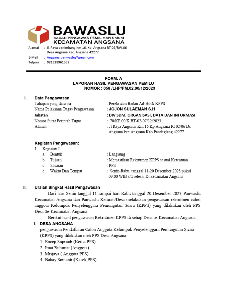 Laporan Pengawasan Rekrutmen KPPS 2023 | PDF