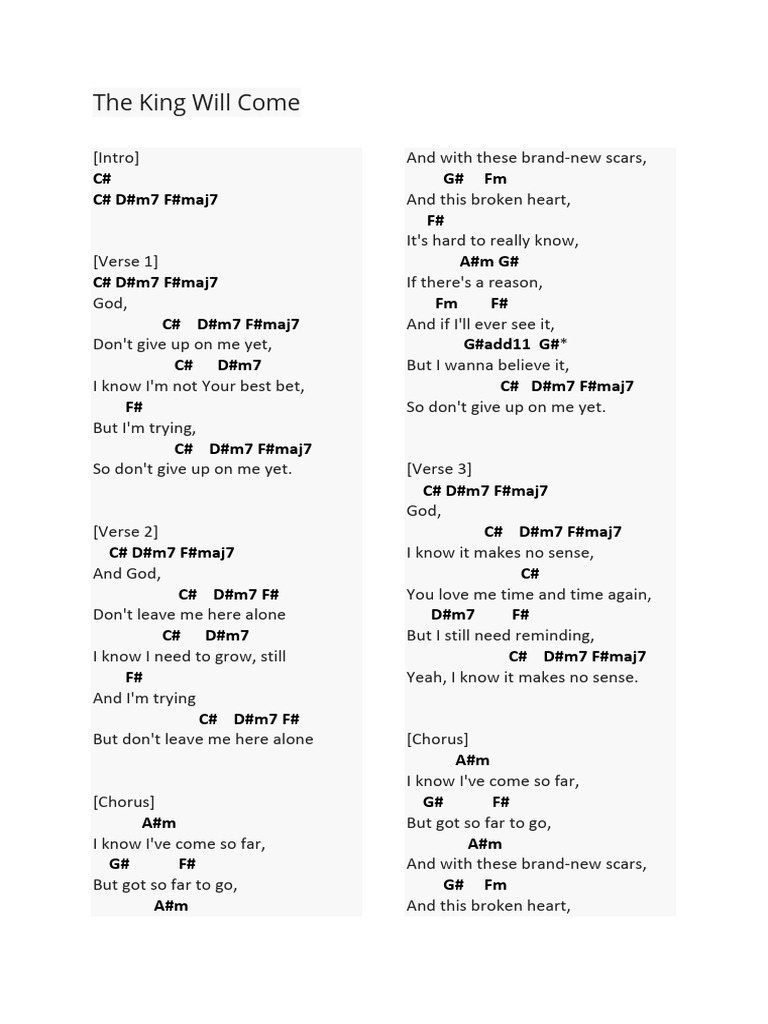 Chord chart style document for The King Will Come showing song structure and harmonic progression for accompaniment
