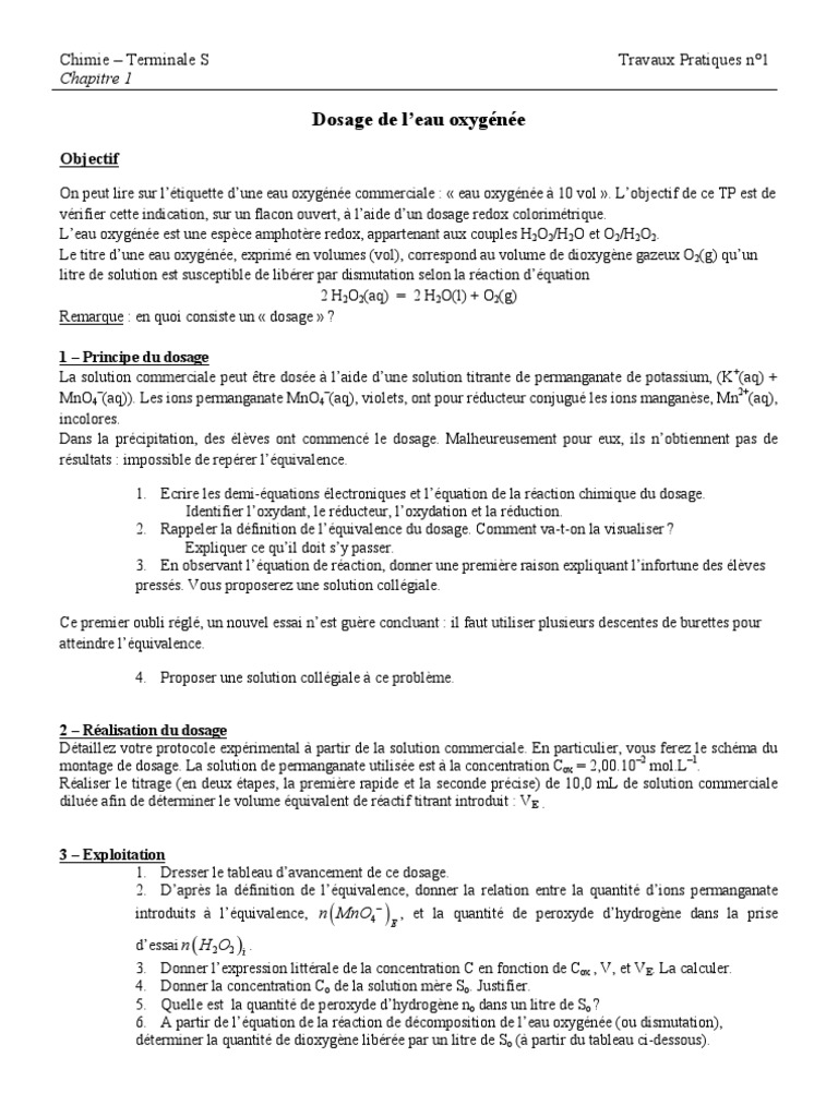 A Quoi Sert Le Permanganate De Potassium TP Chimie 1 Rappels) | PDF | Peroxyde d'hydrogène | Réaction  d'oxydoréduction