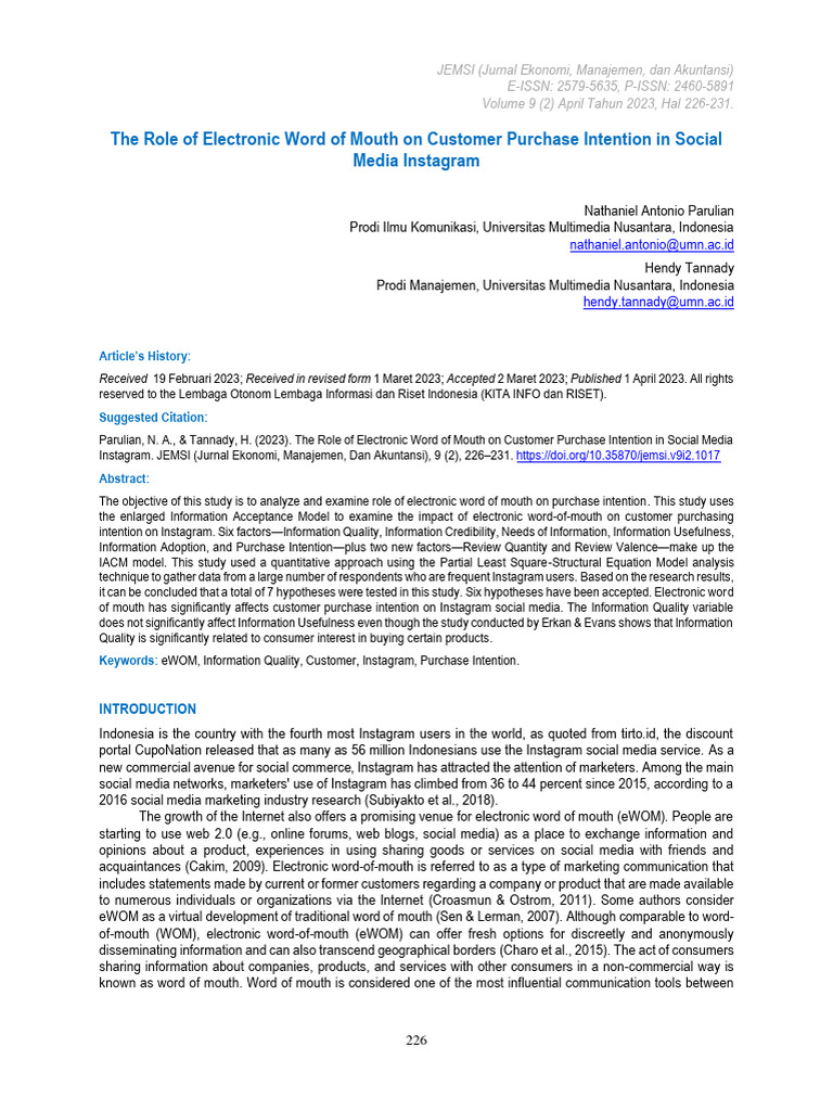 The Role of Electronic Word of Mouth On Customer Purchase Intention in ...