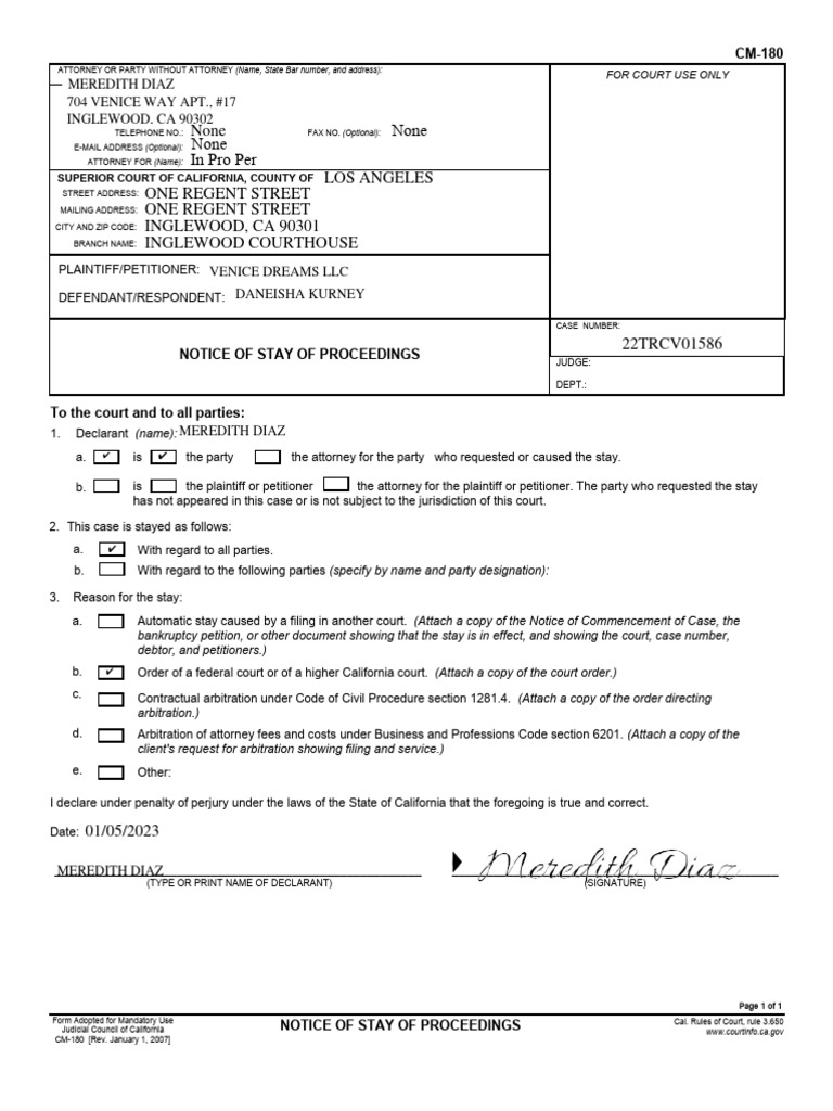 Meredith Diaz - Notice of Stay-12-08 | PDF