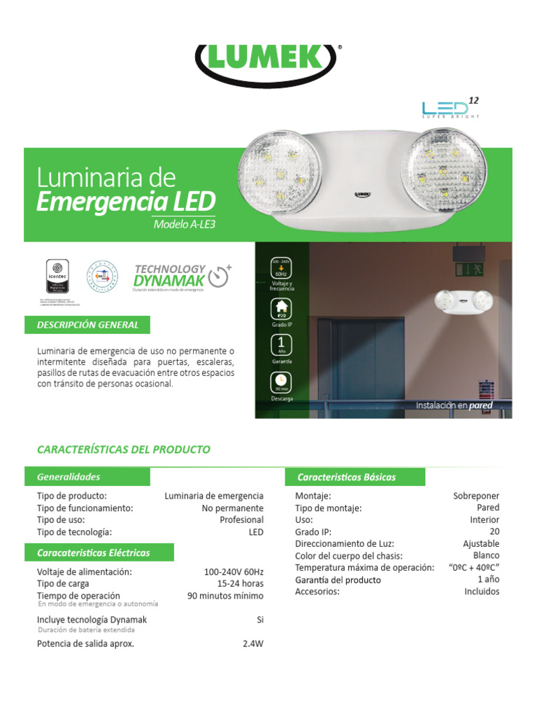 Ficha Tecnica Lampara de Emergencia LED Luminaria Modelo A LE3 Lumek | PDF