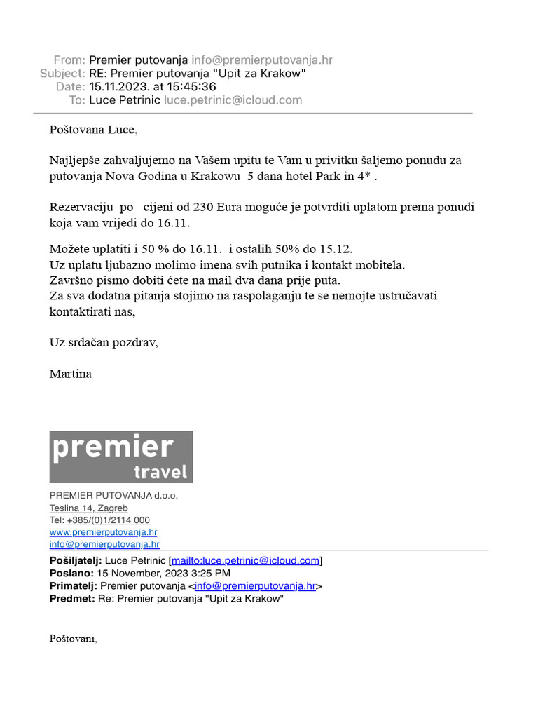 RE Premier Putovanja Upit Za Krakow | PDF
