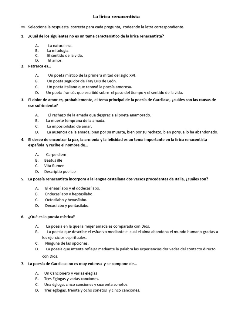 La l rica renacentista cuestionario pdf poes a sonetos