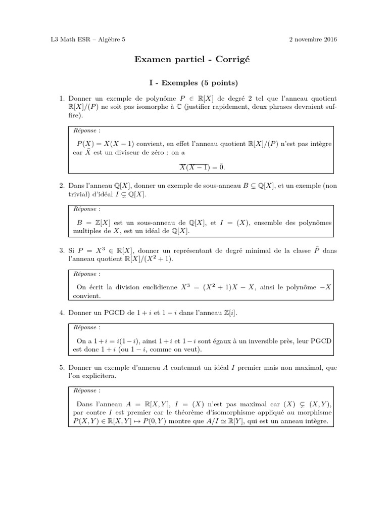 Corrigé Examen Algèbre L3 Math ESR | PDF