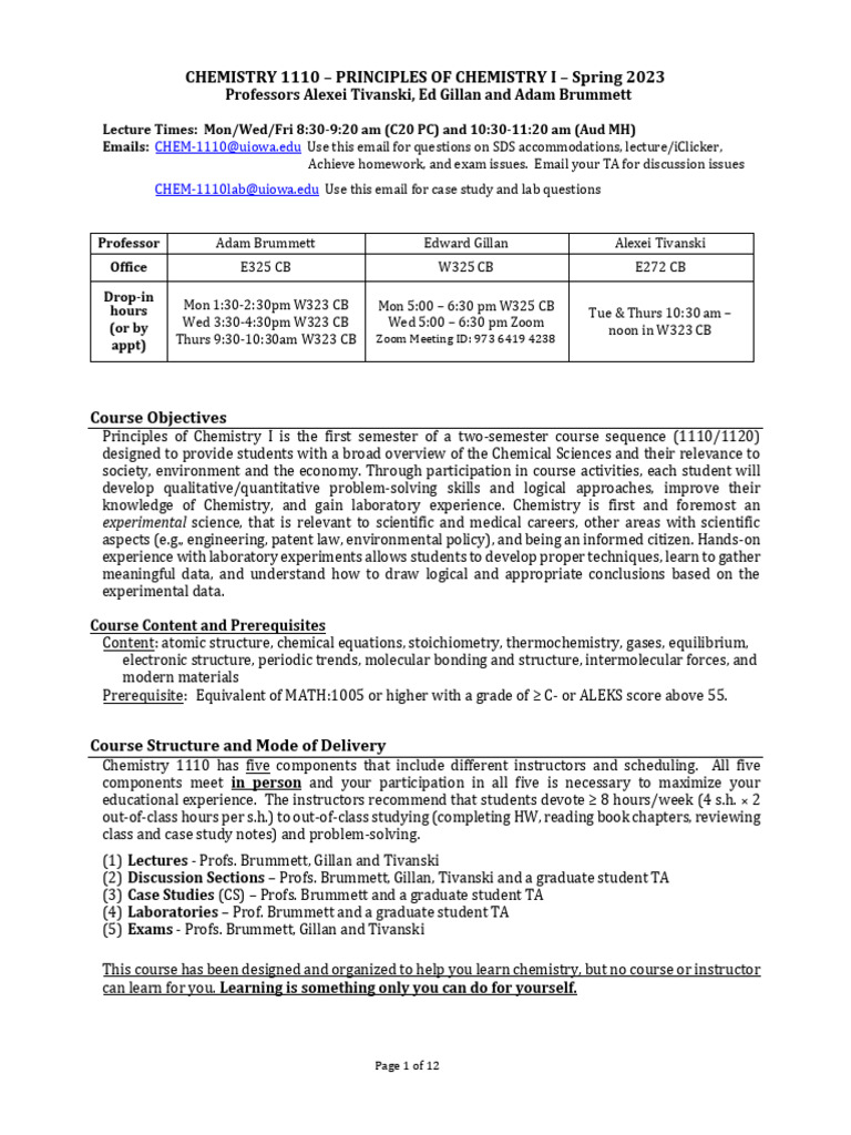 Chemistry 1110 Course Overview | PDF | Academic Dishonesty | Laboratories