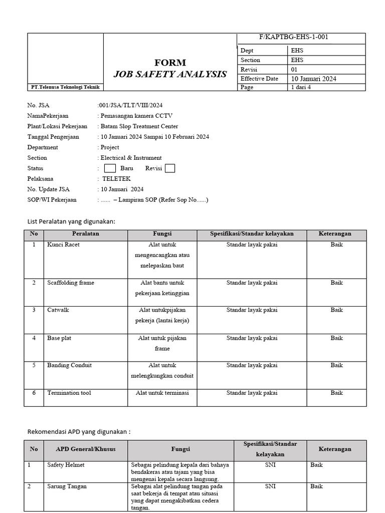 JSA Pemasangan CCTV Telenusa | PDF