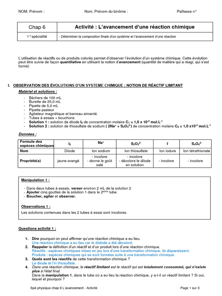 Avancement et réactif limitant en chimie | PDF | Réaction d ...