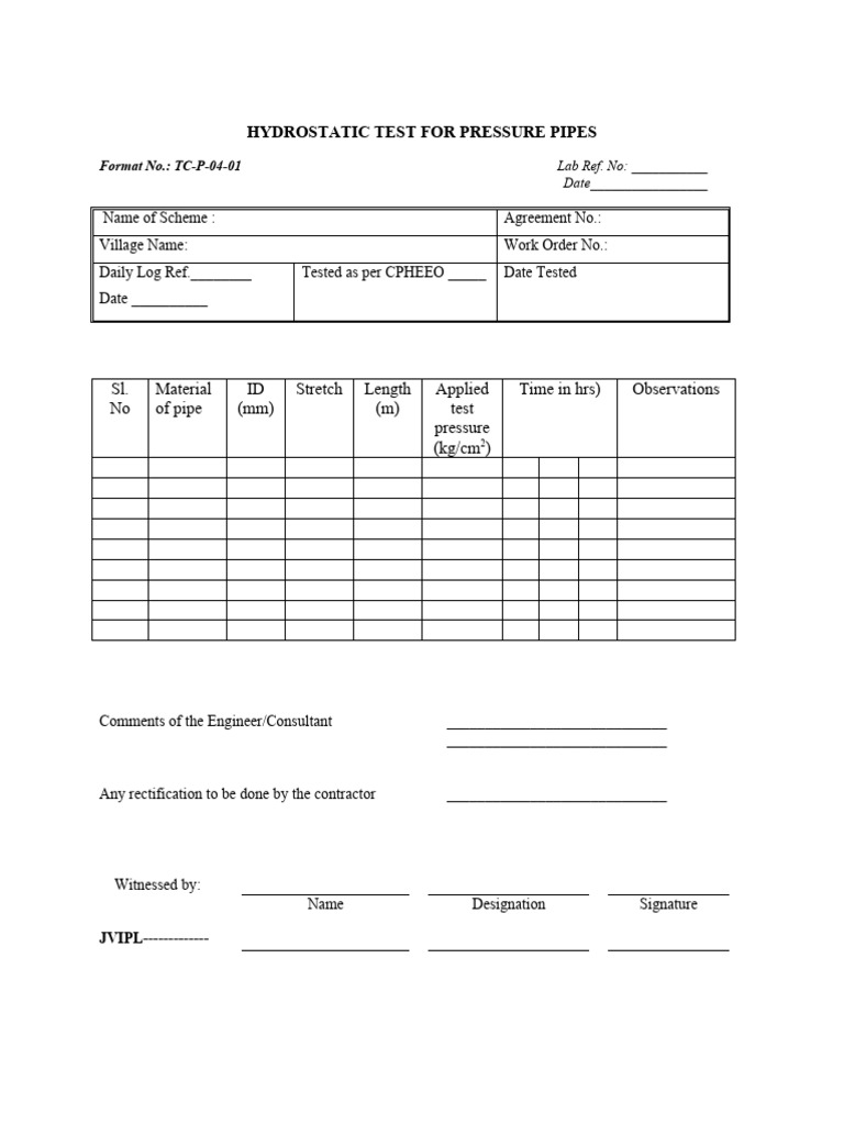 Long Tube Hydrostatic Testing Report | PDF