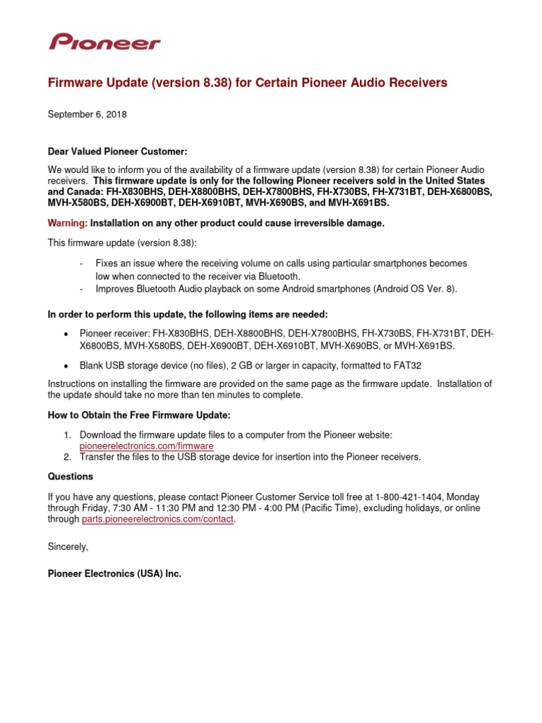 Firmware Update for Pioneer Receivers | PDF