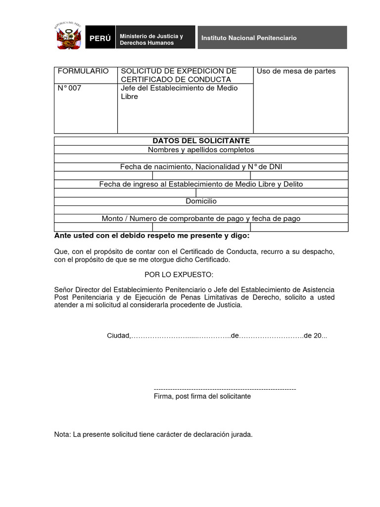 Formulario 007 solicitud de expedicion de certificado de conducta pdf