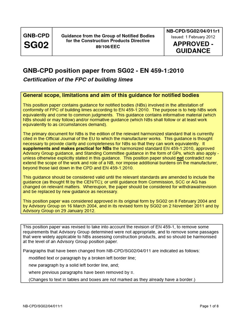 NB CPD SG02 04 011r1 Certification of The FPC of Building Limes To EN