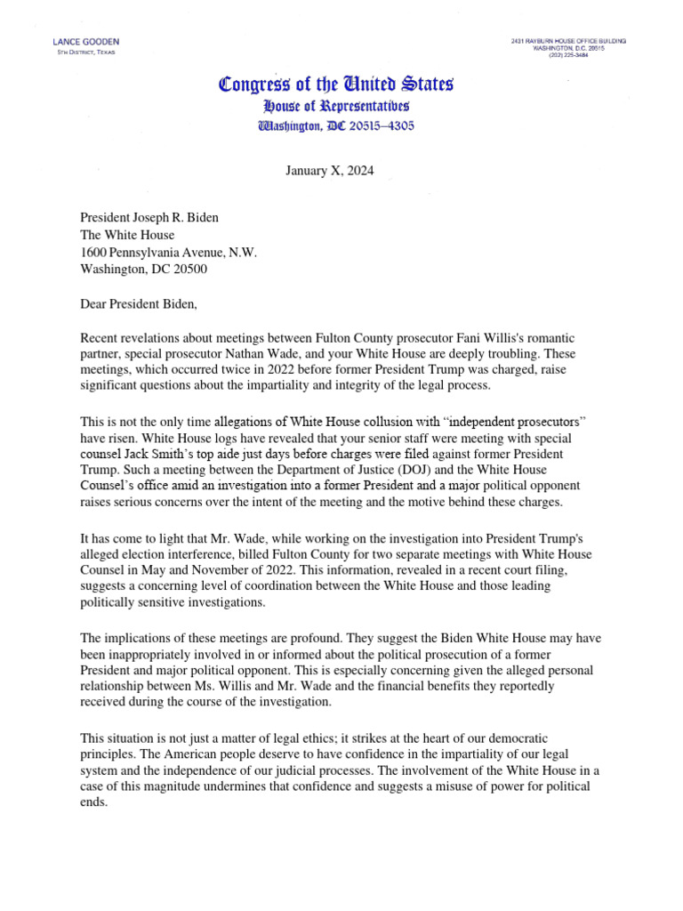 1.9.24 - Letter To President Biden On Visitor Logs | PDF | Prosecutor ...