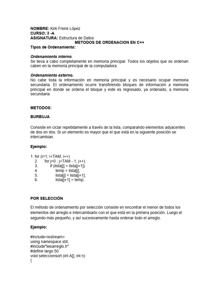 Métodos de Ordenación en C++ | PDF | Datos de computadora | Algoritmos ...