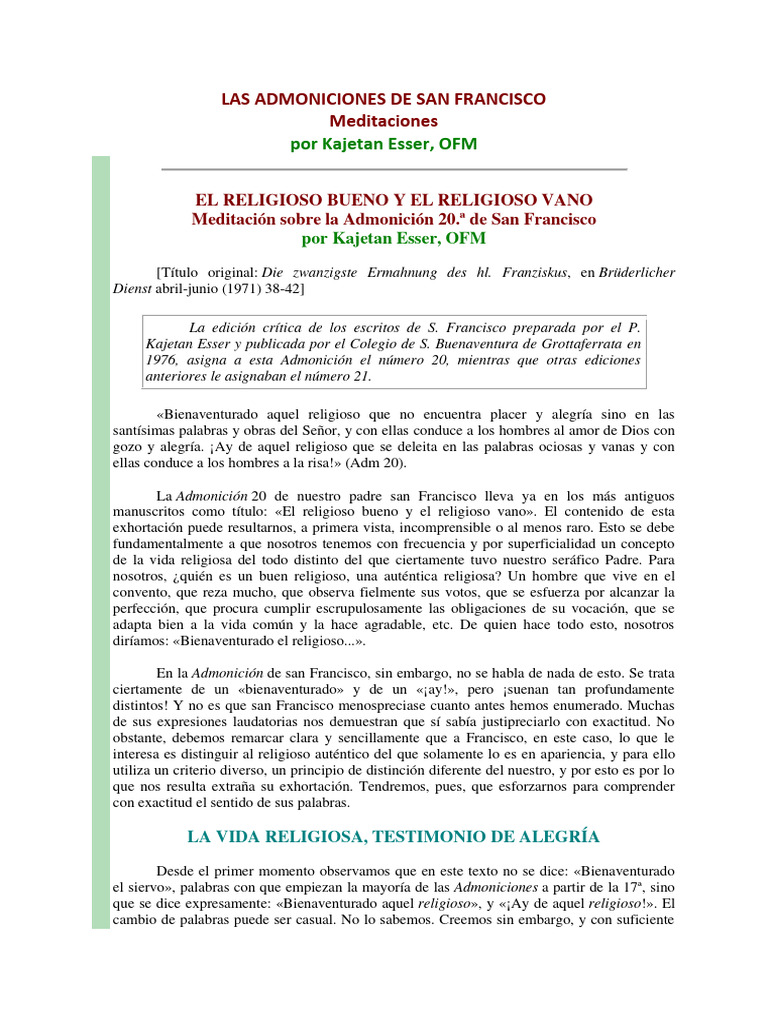 Admoniciones de San Francisco: Reflexiones | PDF | Cristo (título ...