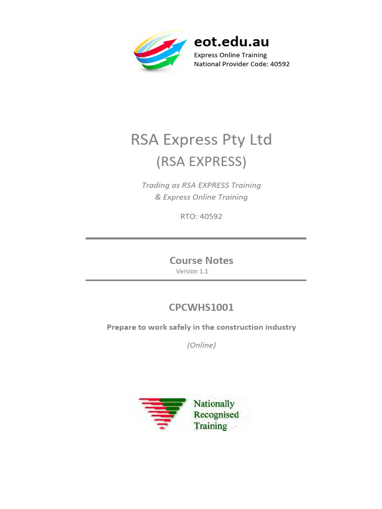 EOT - Course Notes - White Card - CPCWHS1001 | PDF | Occupational ...
