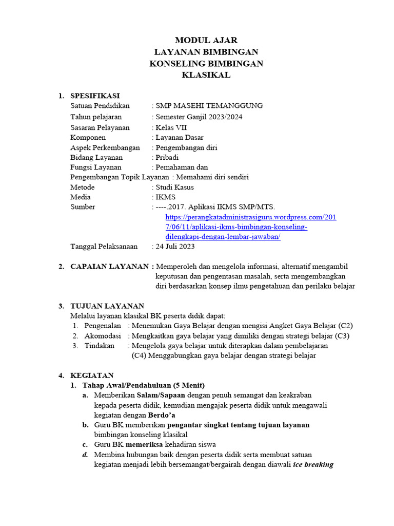 Modul Ajar BK Kelas VII: Gaya Belajar | PDF
