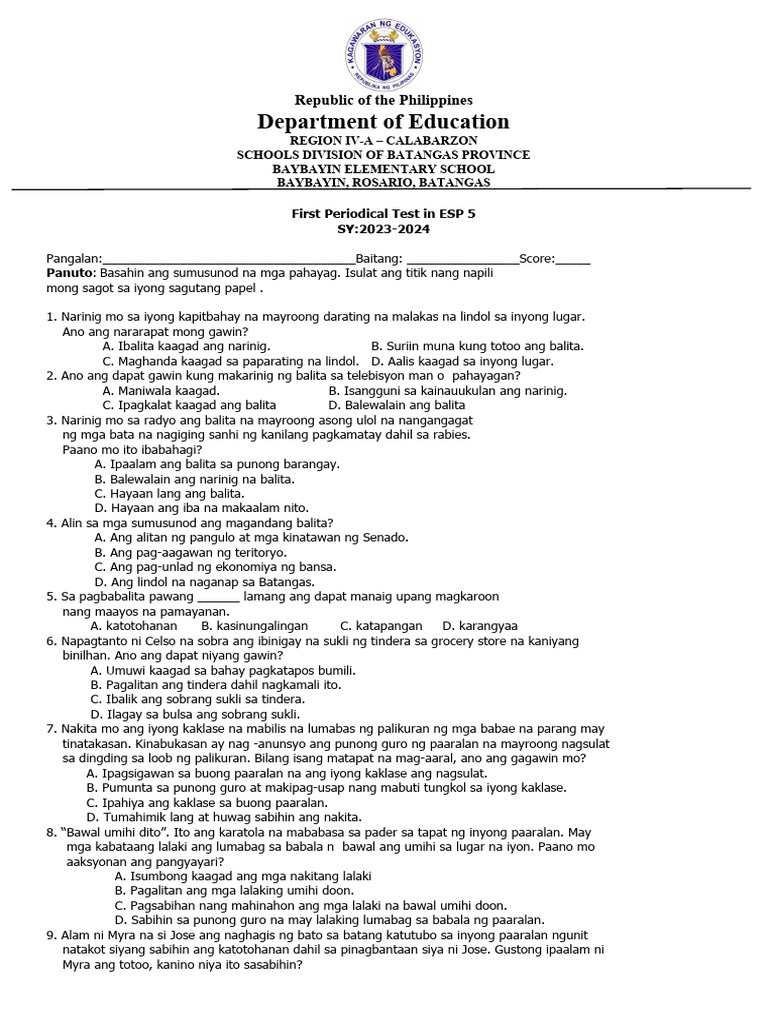 First Periodical Test in ESP 5 | PDF