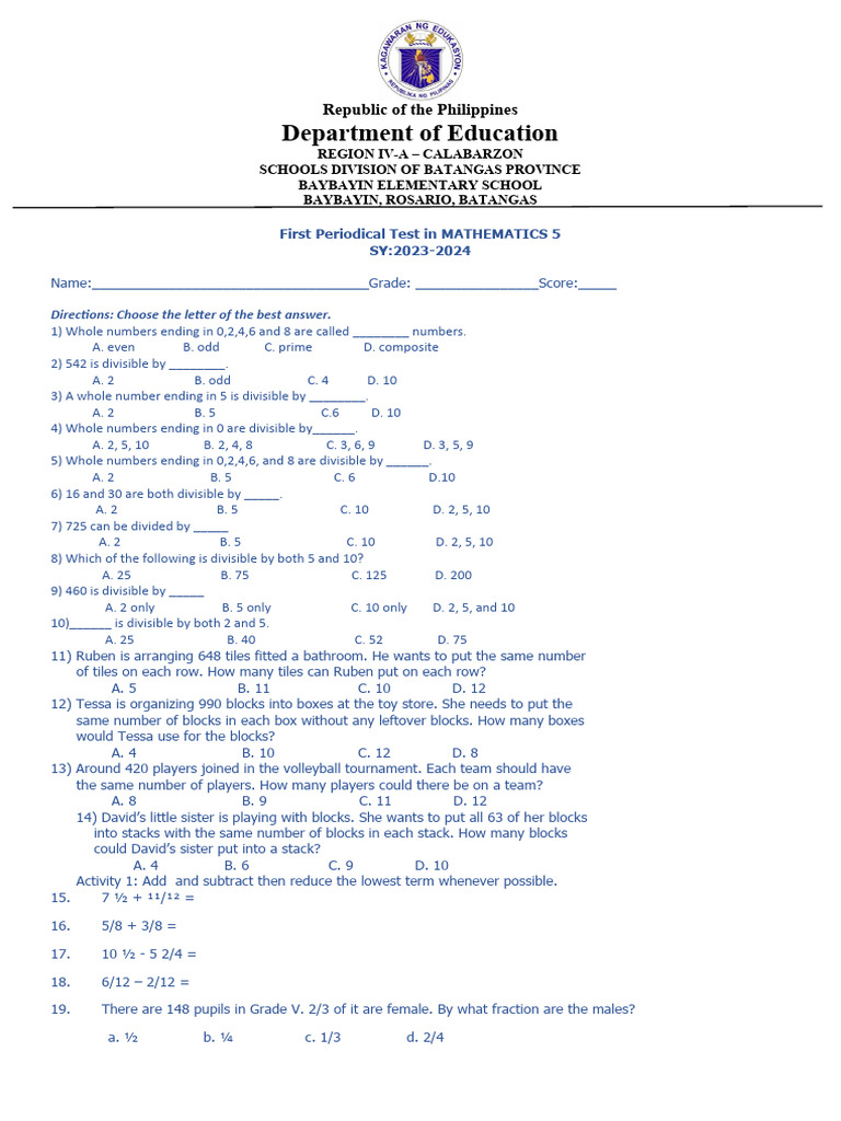 First Periodical Test in MATHEMATICS 5 | PDF