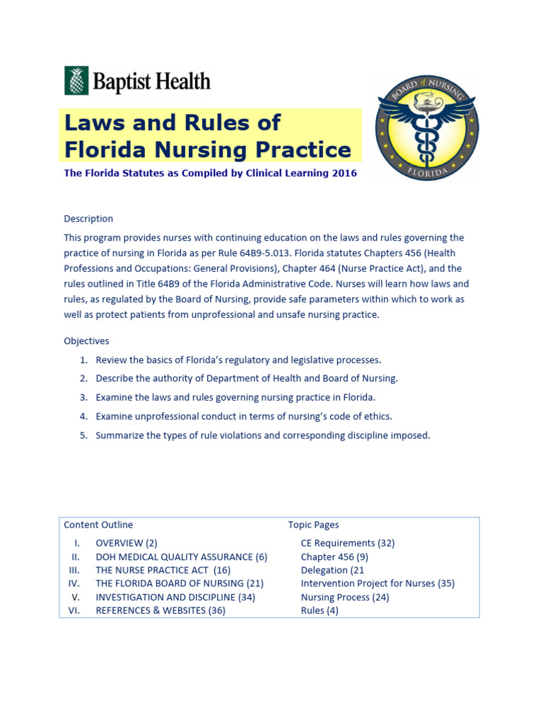 Laws and Rules of Florida Nursing Practice PDF Nursing Health