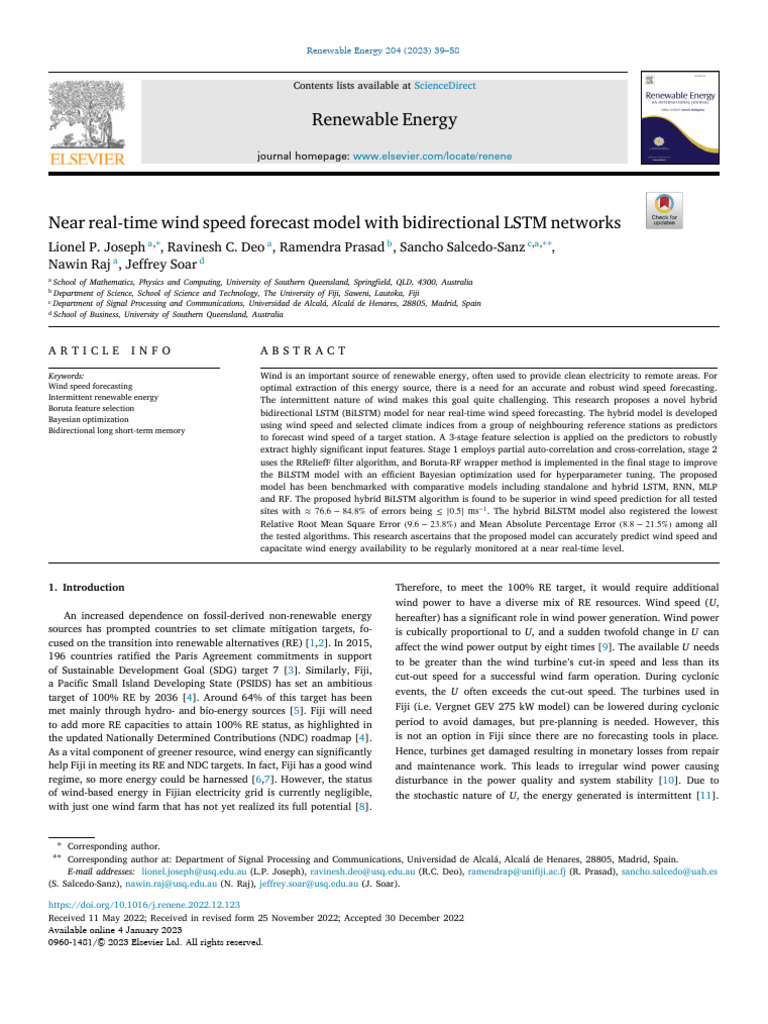 Near Real-Time Wind Speed Forecast Model With Bidirectional LSTM ...