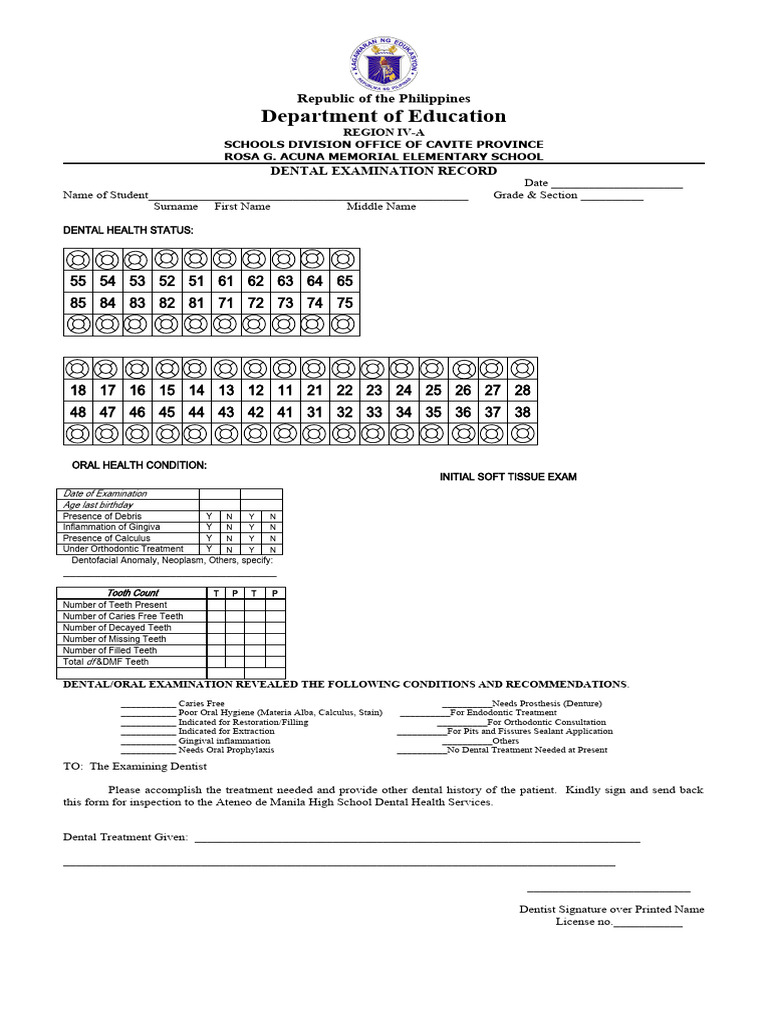 Dental Examination Record Form PDF Dentistry Oral Hygiene