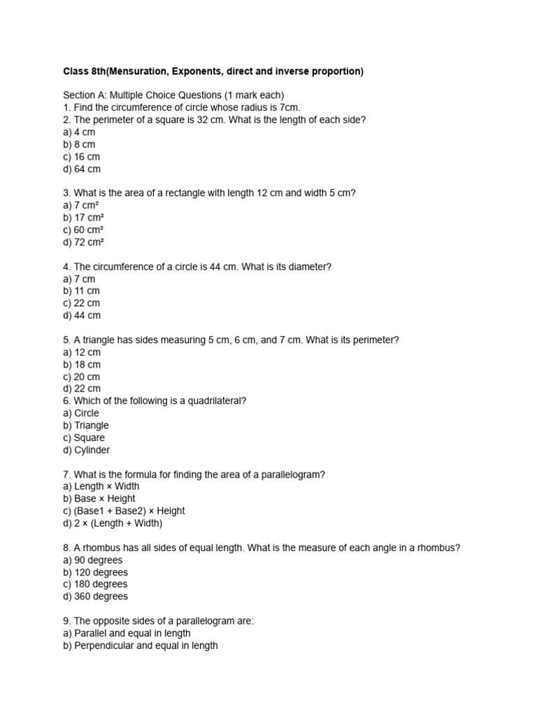Class 8th (Mensuration) PDF