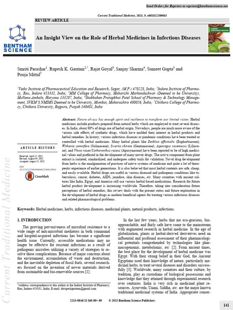 An Insight View On The Role of Herbal Medicines in Infectious Diseases ...