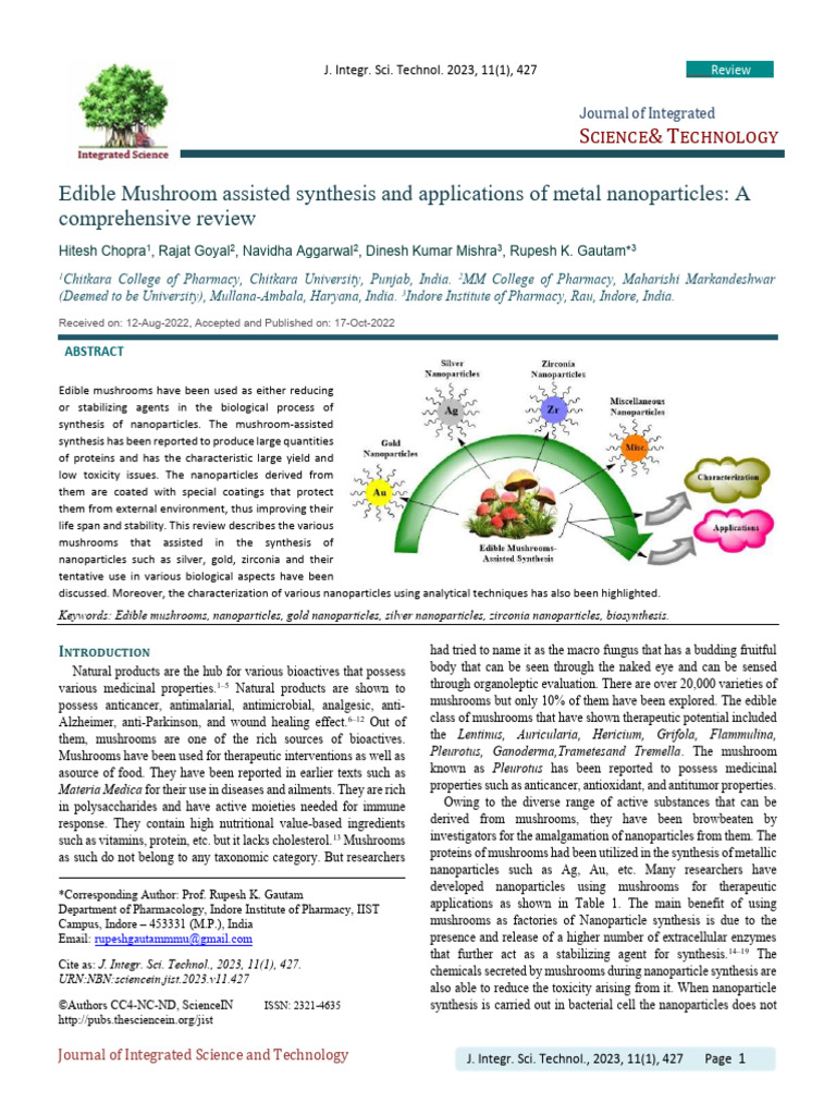Edible Mushroom assisted synthesis and applications of metal