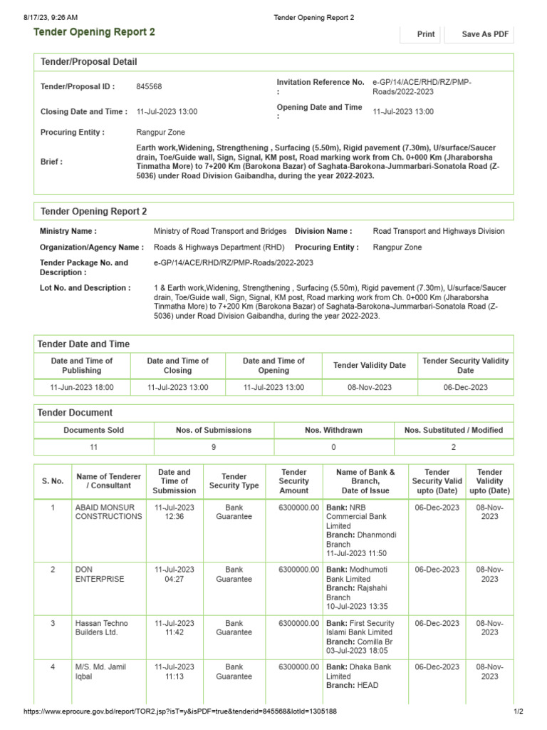 Tender Opening Report for Road Project | PDF