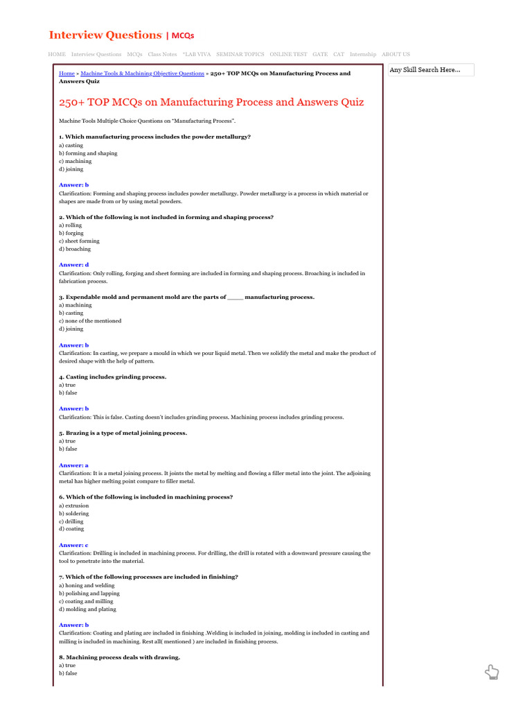 250+ TOP MCQs on Manufacturing Process and Answers Quiz 2023 PDF