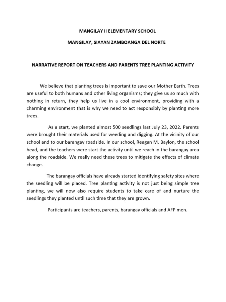 Tree Planting Report at Mangilay School | PDF