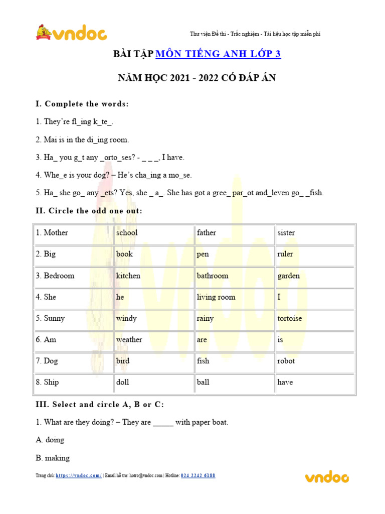 Bai Tap Tieng Anh Lop 3 Tong Hop | PDF