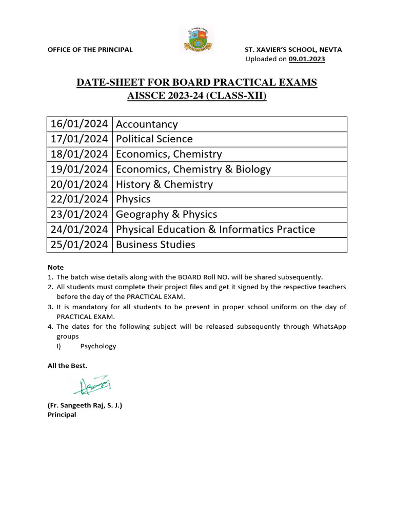 Class12CBSE Board Practical Date Sheet PDF
