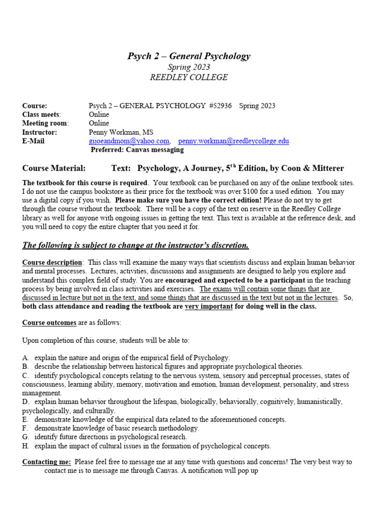 PSY 2 Workman - Syllabus Spring 2023 Online 52936 | PDF | Academic ...