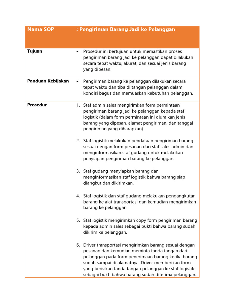 08 Sop Pengiriman Barang Ke Pelanggan Pdf