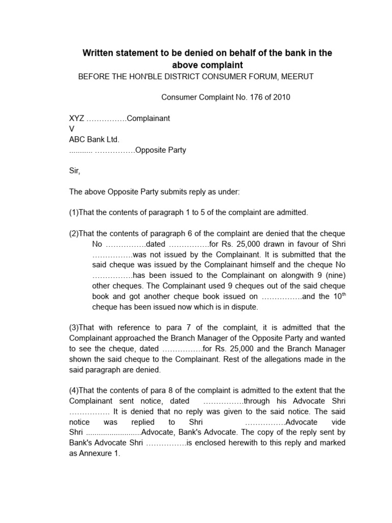 Written Statement To Be Denied On Behalf of The Bank in The Above ...