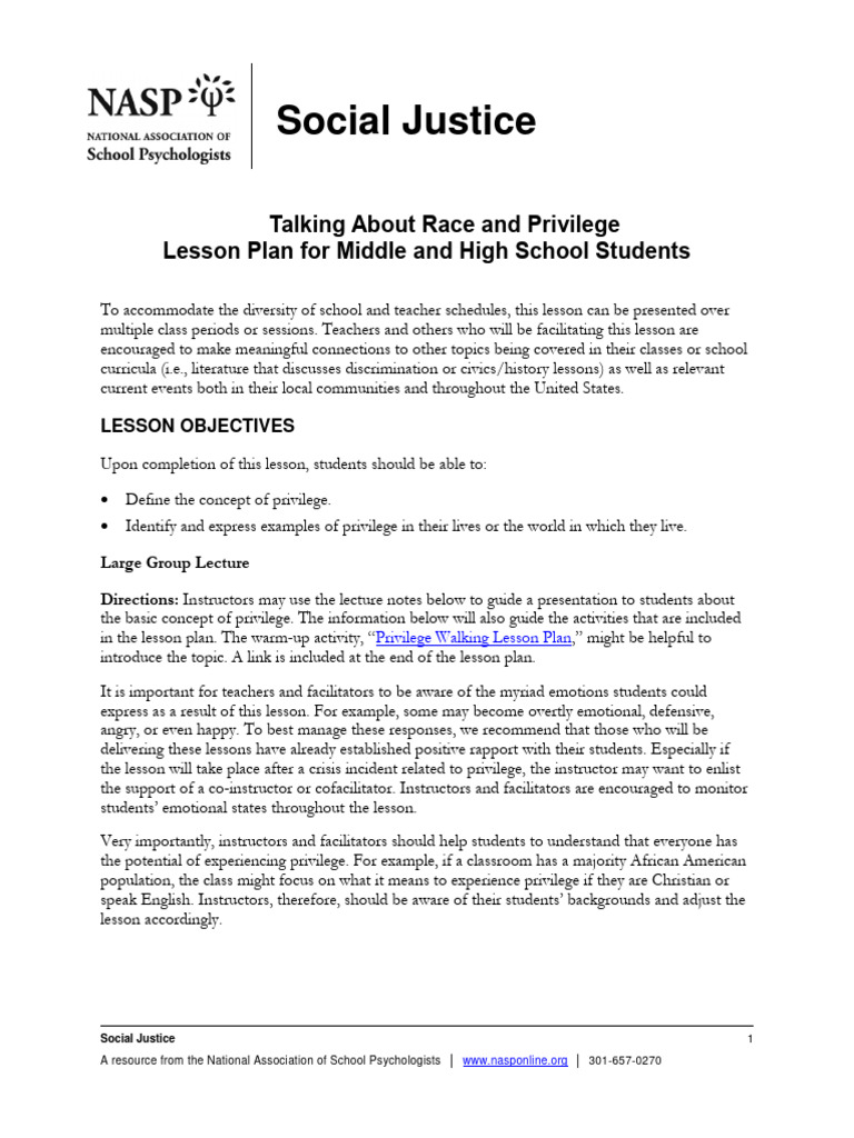 Race Privilege Lesson Plan FINAL PDF Teachers Socioeconomic Status
