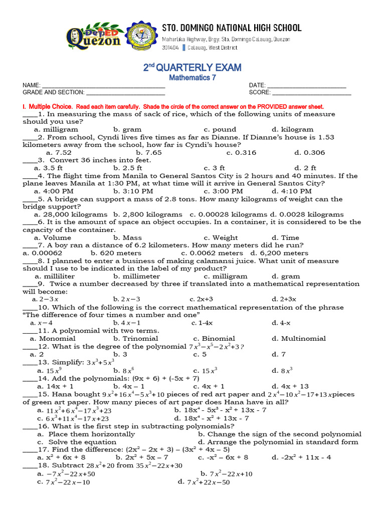 Revised - Math 7 2ND Periodic Test 2022 2023 | PDF | Polynomial | Weight