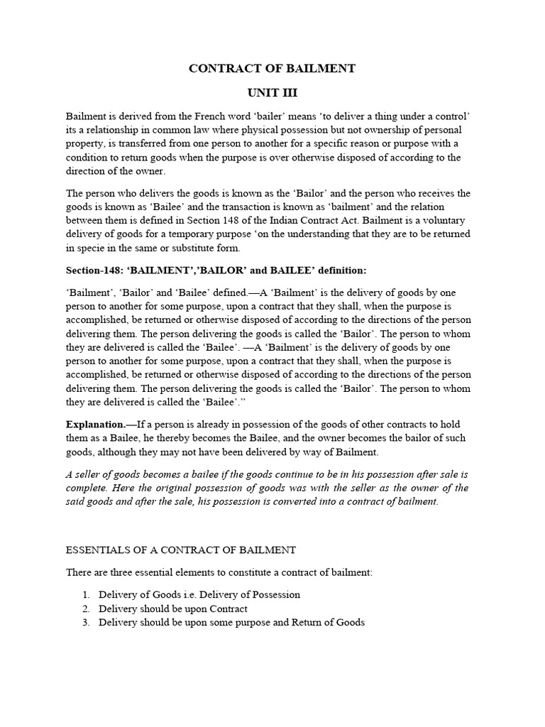 Contract of Bailment PDF Negligence Legal Liability