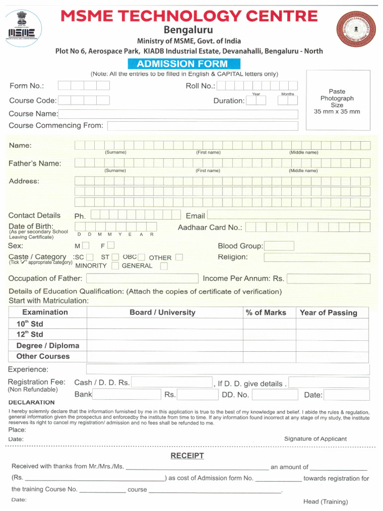 Msmetcblr Admission Form | PDF