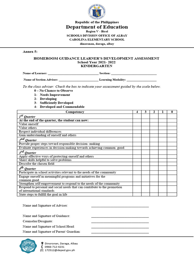 Kindergarten Homeroom Guidance Assessment | PDF