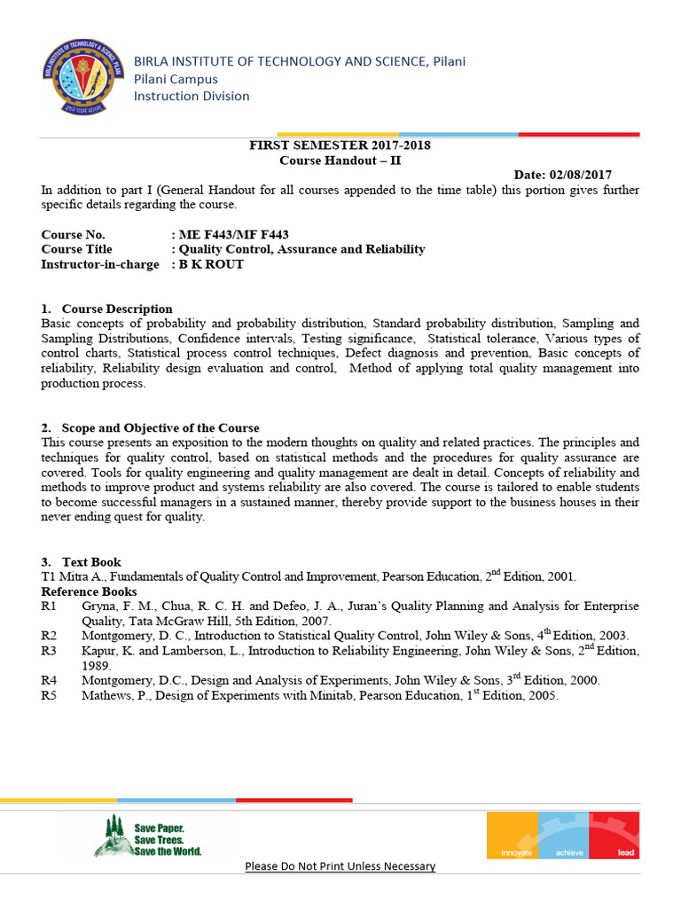Quality Control and Reliability Course F443 | PDF | Statistics | Analysis