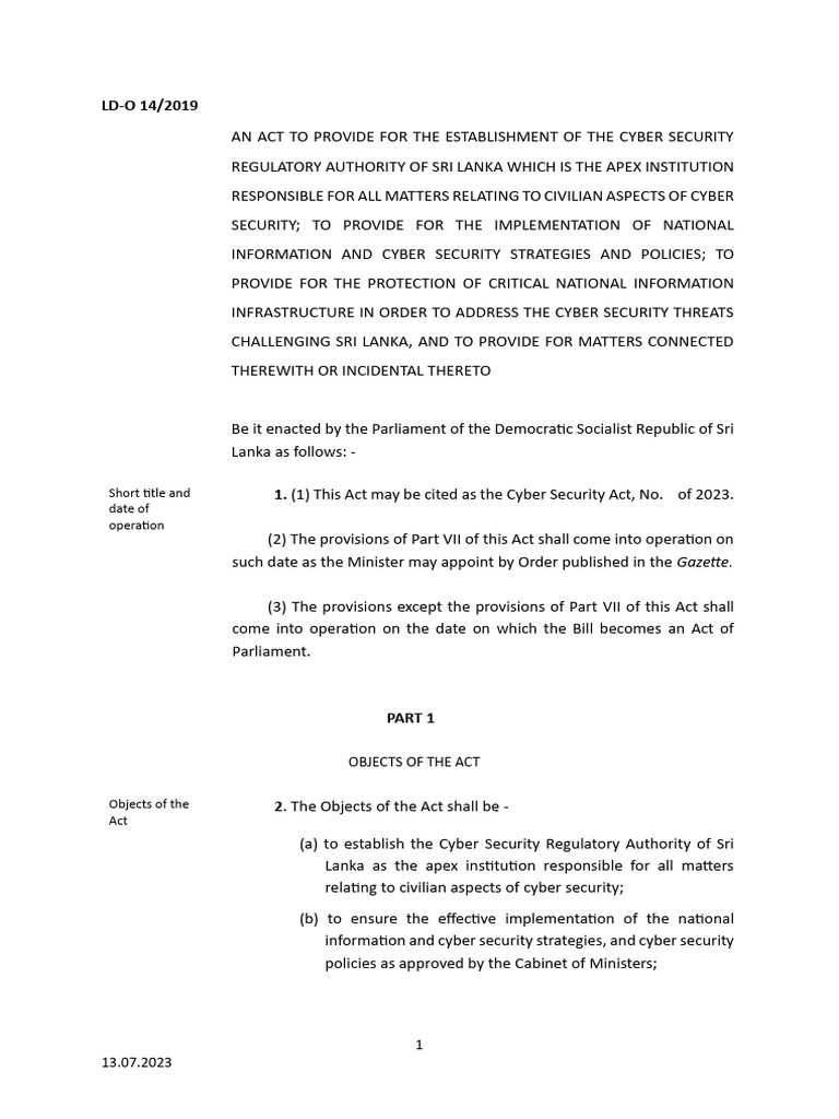 Sri Lanka Cyber Security Act 2023 | PDF | Security | Computer Security