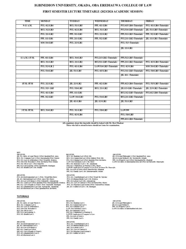 2023-2024 First Semester Lecture Timetable With Tutorials | PDF | Civil ...