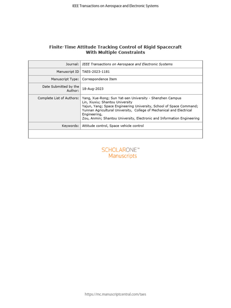 Finite-Time Attitude Control for Spacecraft | PDF | Torque | Euclidean ...