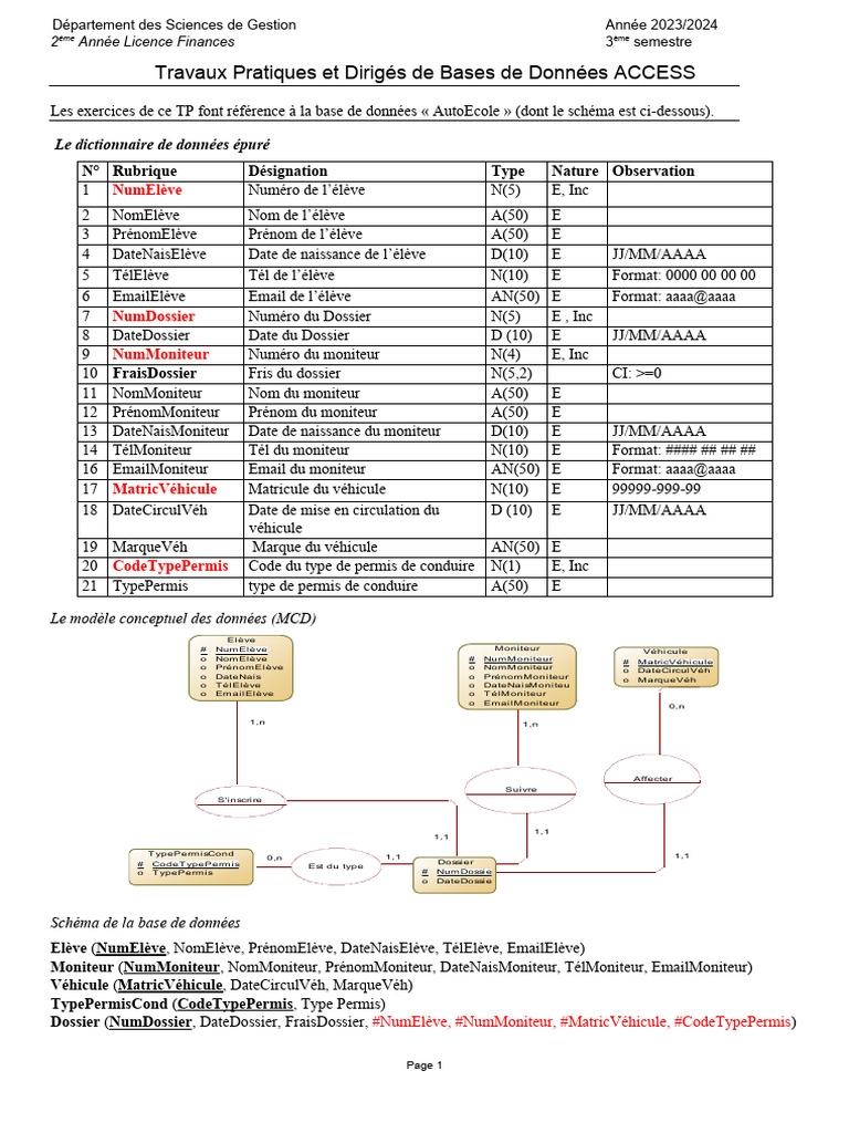 TP Access : Gestion des Moniteurs et Élèves | PDF | Microsoft Access ...