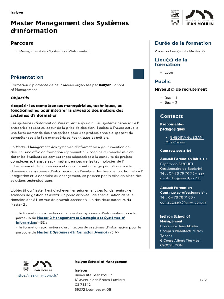 Master en Management SI à iaelyon | PDF | Système d'information ...